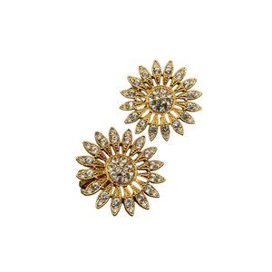 Sunflowers Clip On Earrings Gold Tone Clear Rhinestones Vintage Costume Jewelry